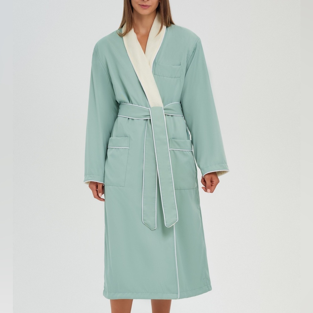 Monarch CYPRESS SAGE GREEN SHAWL ROBE TERRY LINED MICROFIBER, LUXURY SPA OS/L